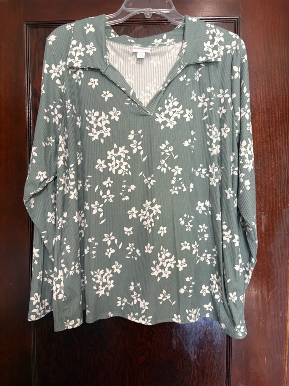 LuLaRoe Sage Green Floral Collared V-Neck Long Sleeve Top - White Blooms